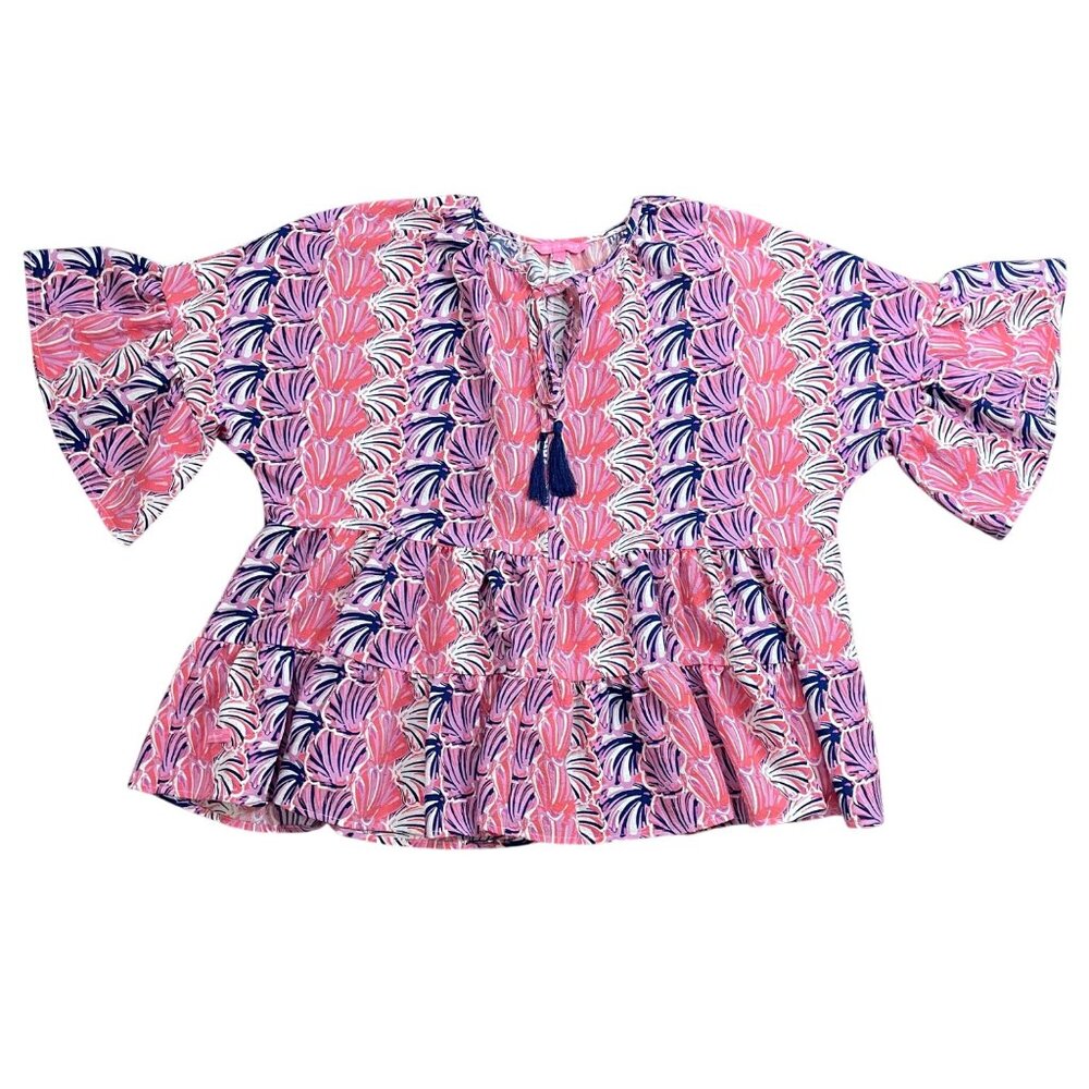 Simply Southern Tiered Blouse Women's Size Large‎ All Over Shell Print Tropical